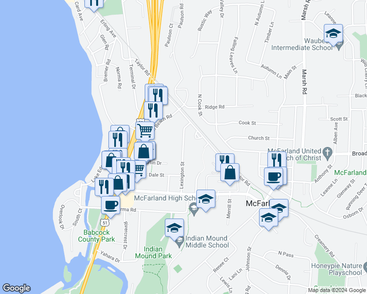 map of restaurants, bars, coffee shops, grocery stores, and more near 5785 Lexington Street in McFarland