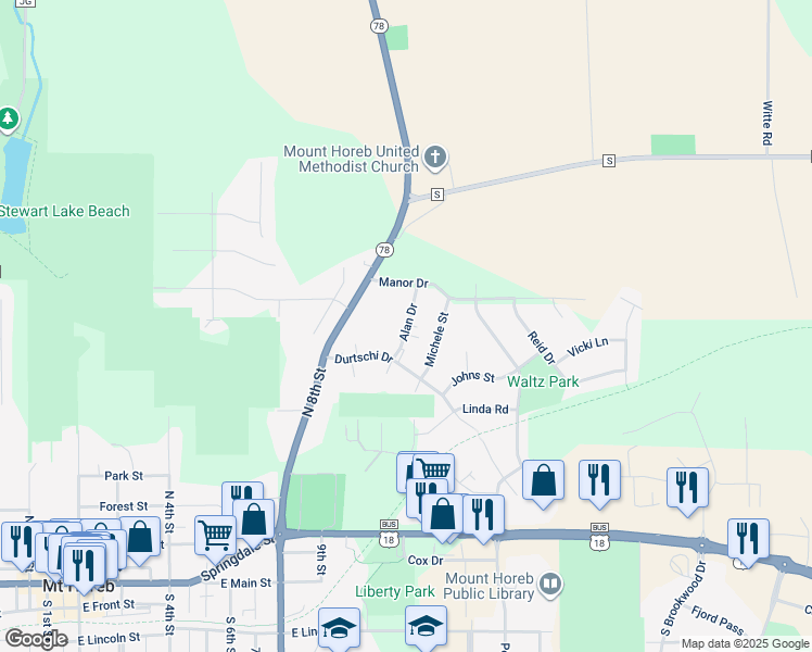 map of restaurants, bars, coffee shops, grocery stores, and more near 505 Alan Drive in Mount Horeb