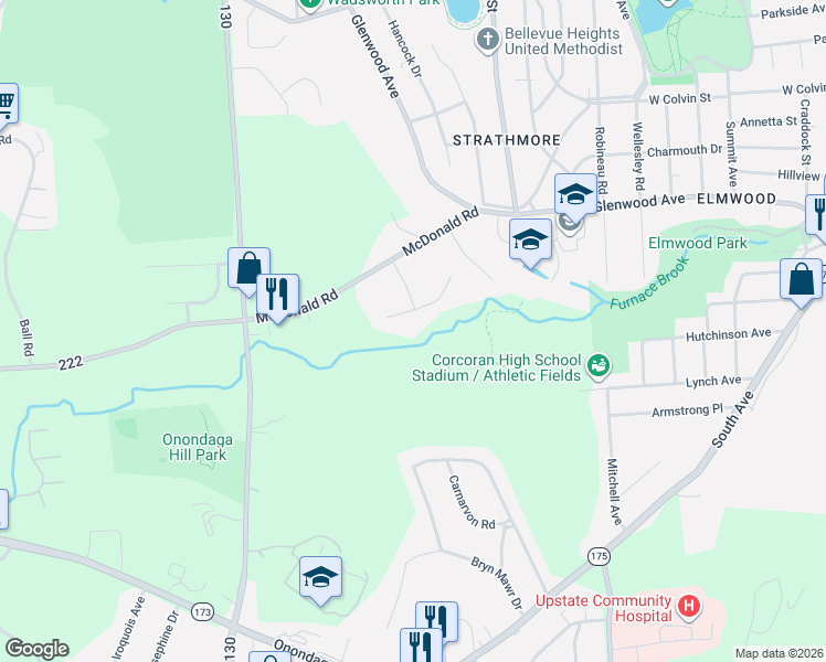 map of restaurants, bars, coffee shops, grocery stores, and more near 4870 Glenfield Drive in Syracuse