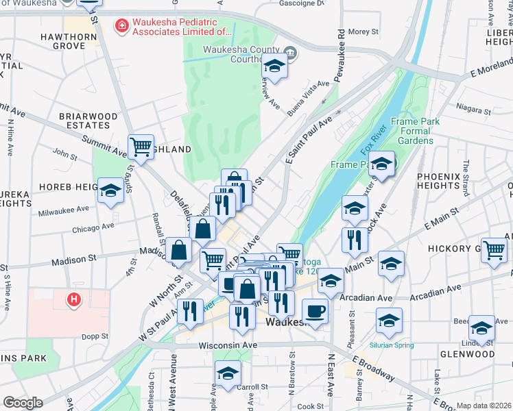 map of restaurants, bars, coffee shops, grocery stores, and more near 220 Maria Street in Waukesha