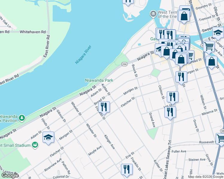 map of restaurants, bars, coffee shops, grocery stores, and more near 342 Broad Street in Tonawanda