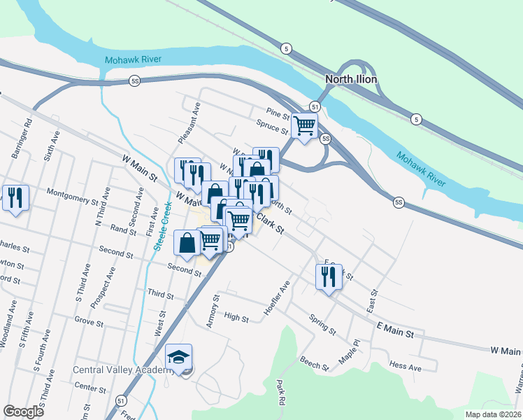 map of restaurants, bars, coffee shops, grocery stores, and more near Hope Street in Ilion