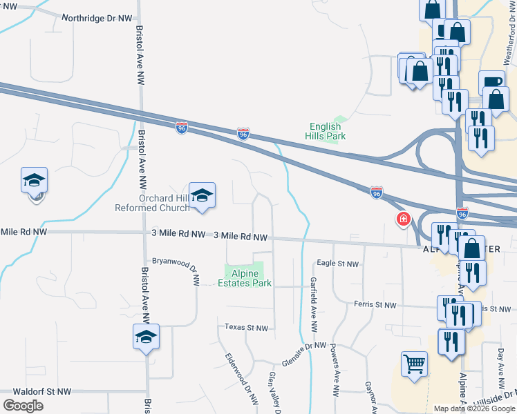 map of restaurants, bars, coffee shops, grocery stores, and more near 2833 Valley Avenue Northwest in Grand Rapids