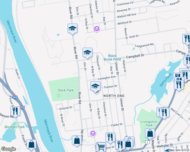 map of restaurants, bars, coffee shops, grocery stores, and more near 27 Lexington Avenue in Manchester