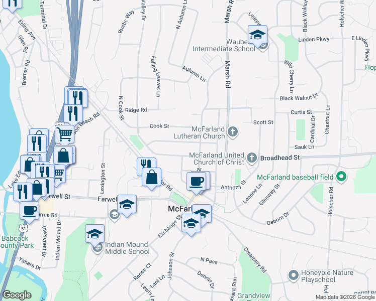 map of restaurants, bars, coffee shops, grocery stores, and more near 5304 Broadhead Street in McFarland