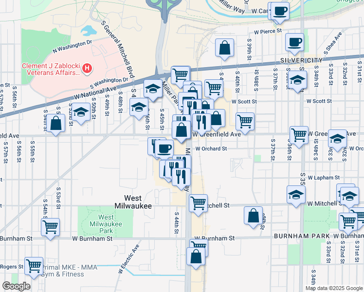 map of restaurants, bars, coffee shops, grocery stores, and more near 1441 Miller Park Way in West Milwaukee