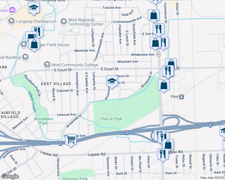 map of restaurants, bars, coffee shops, grocery stores, and more near 1101 West Vernon Drive in Flint