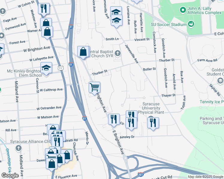 map of restaurants, bars, coffee shops, grocery stores, and more near 802 Ivy Ridge Road in Syracuse