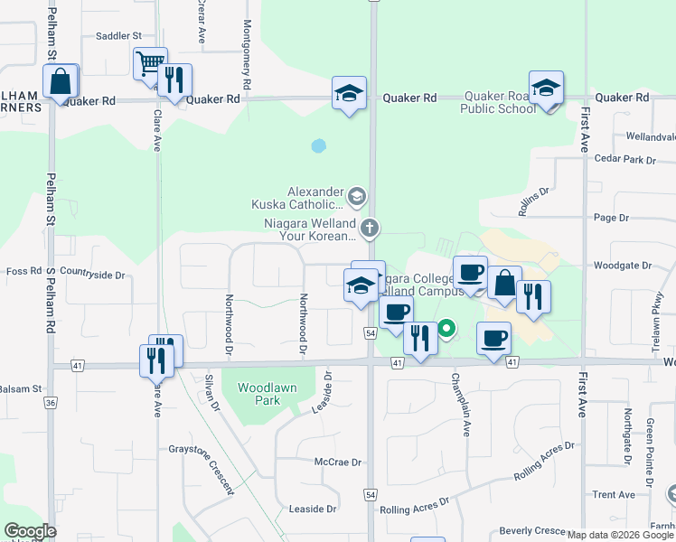 map of restaurants, bars, coffee shops, grocery stores, and more near 41 Eastwood Drive in Welland