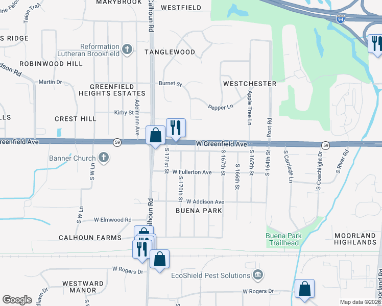 map of restaurants, bars, coffee shops, grocery stores, and more near 1433 South 169th Street in New Berlin