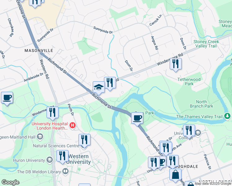 map of restaurants, bars, coffee shops, grocery stores, and more near 1486 Richmond Street in London