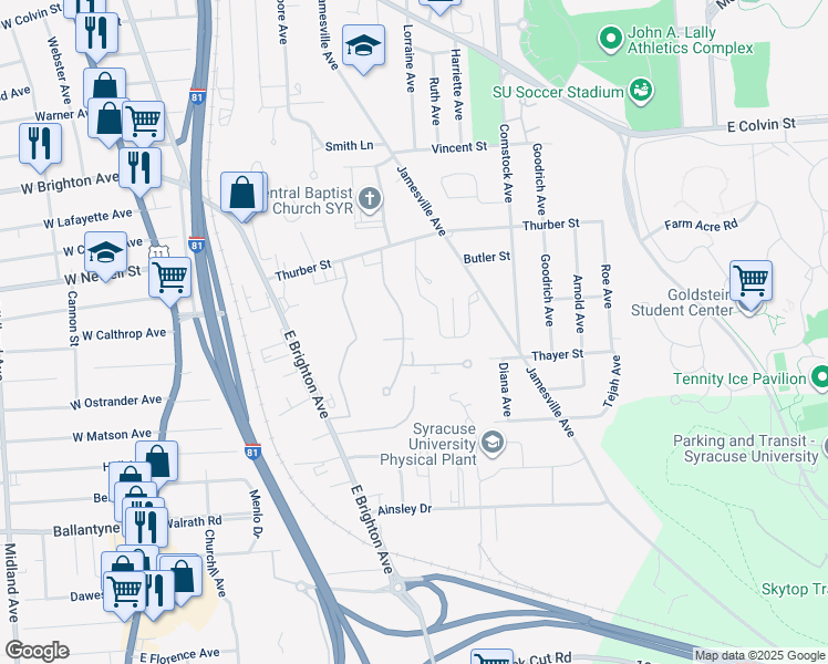 map of restaurants, bars, coffee shops, grocery stores, and more near 123 Remington Avenue in Syracuse