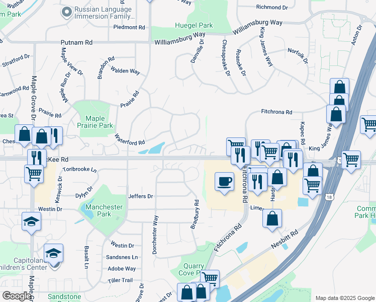 map of restaurants, bars, coffee shops, grocery stores, and more near 3138 Dorchester Way in Madison
