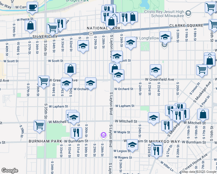 map of restaurants, bars, coffee shops, grocery stores, and more near 1501 South Layton Boulevard in Milwaukee