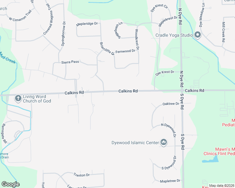 map of restaurants, bars, coffee shops, grocery stores, and more near 5493 Calkins Road in Flint