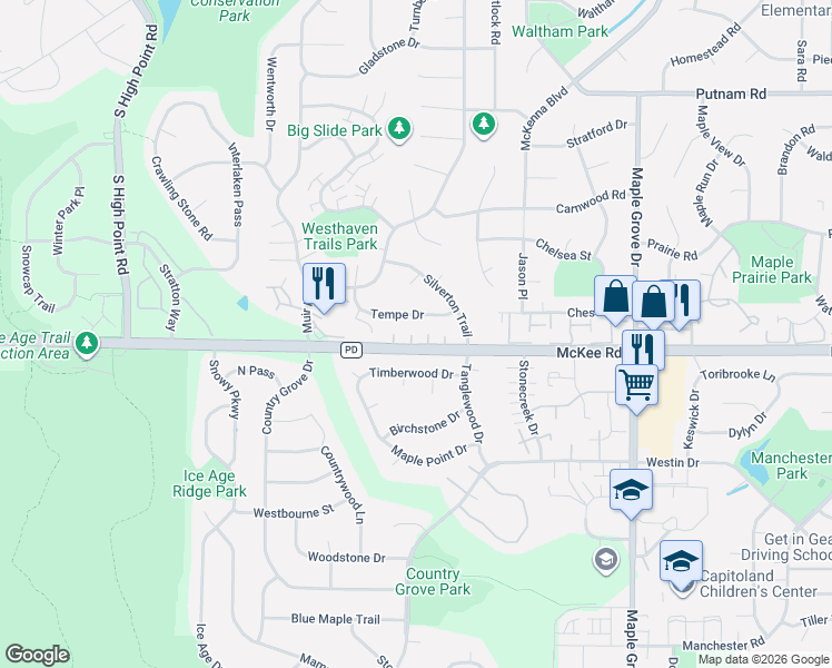 map of restaurants, bars, coffee shops, grocery stores, and more near 7130 Timberwood Drive in Madison