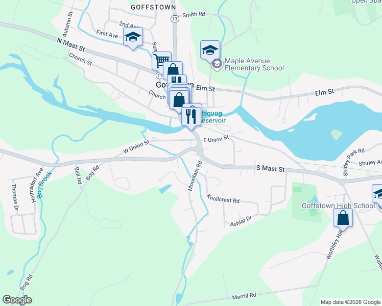 map of restaurants, bars, coffee shops, grocery stores, and more near 17 Pleasant Street in Goffstown