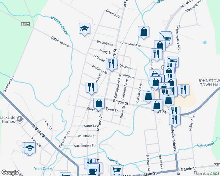 map of restaurants, bars, coffee shops, grocery stores, and more near 306 North Perry Street in Johnstown