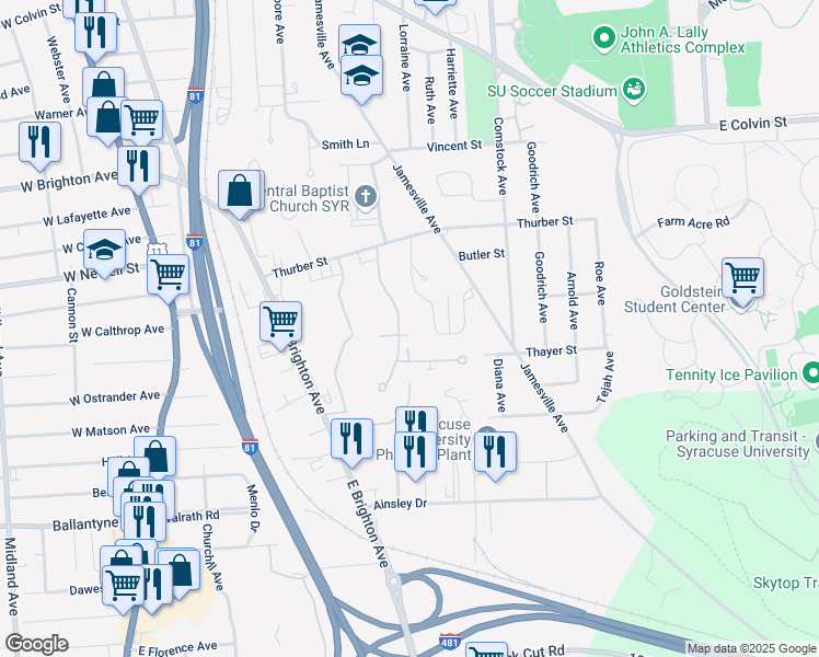 map of restaurants, bars, coffee shops, grocery stores, and more near 6 Remington Avenue in Syracuse