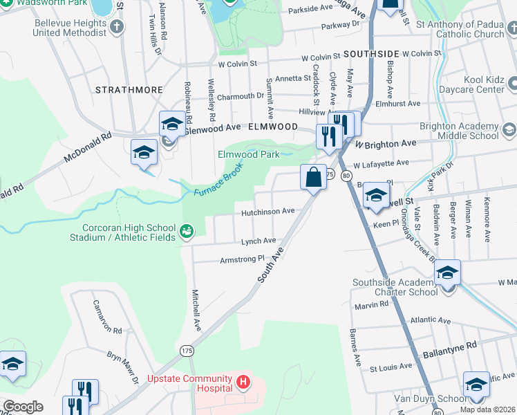 map of restaurants, bars, coffee shops, grocery stores, and more near 214 Fletcher Avenue in Syracuse