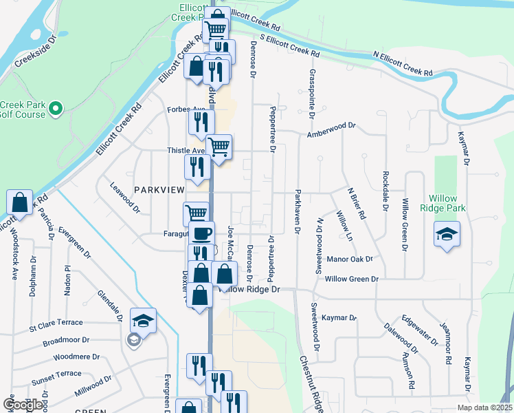 map of restaurants, bars, coffee shops, grocery stores, and more near 101-147 Denrose Drive in Buffalo