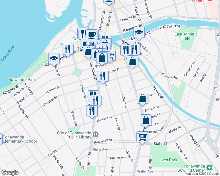 map of restaurants, bars, coffee shops, grocery stores, and more near 75 Grove Street in Tonawanda