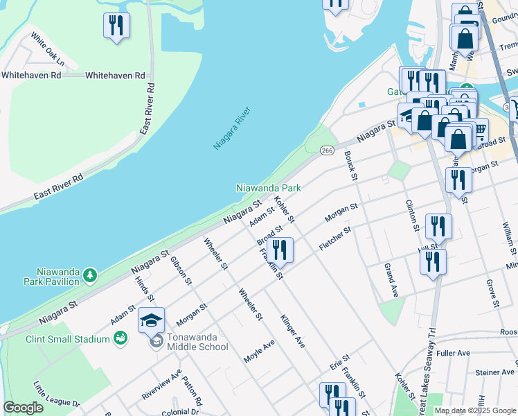 map of restaurants, bars, coffee shops, grocery stores, and more near 339 Adam Street in Tonawanda
