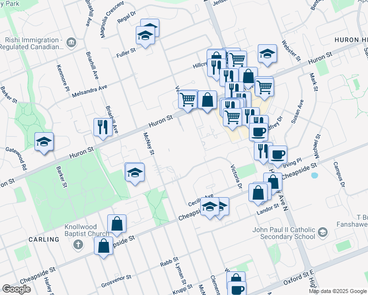 map of restaurants, bars, coffee shops, grocery stores, and more near 1247 Huron Street in London
