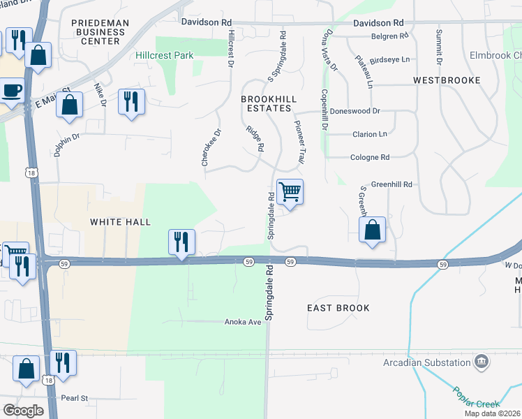 map of restaurants, bars, coffee shops, grocery stores, and more near W220S1517 South Springdale Road in Waukesha