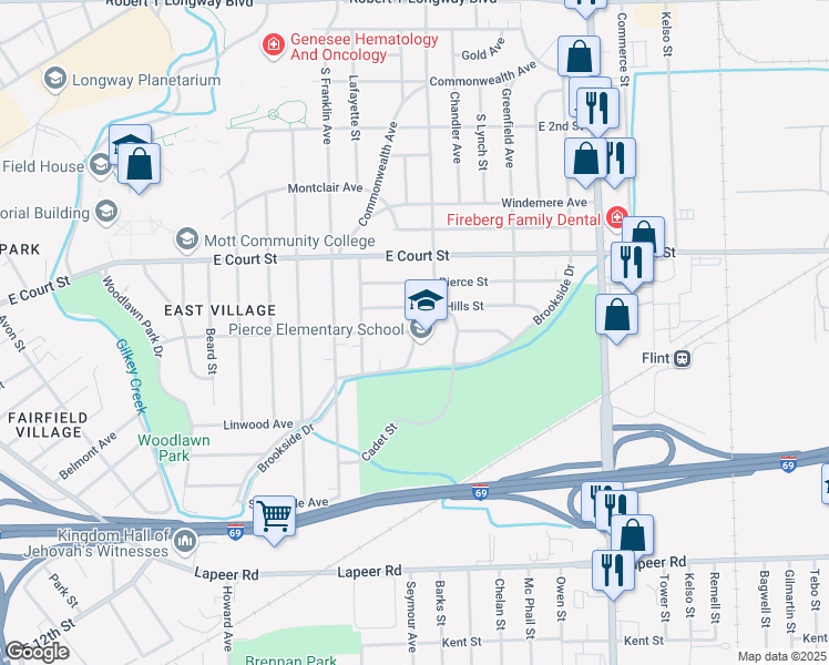 map of restaurants, bars, coffee shops, grocery stores, and more near 1101 West Vernon Drive in Flint