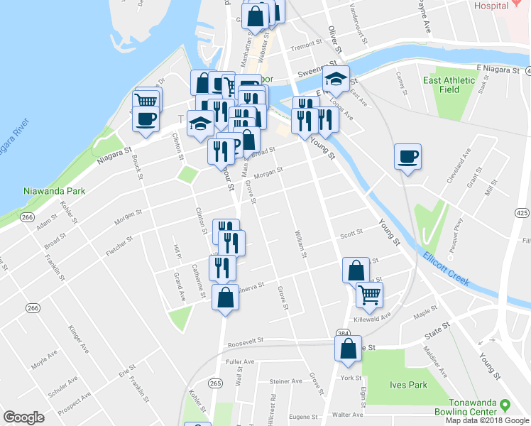 map of restaurants, bars, coffee shops, grocery stores, and more near 51 Grove Street in Tonawanda