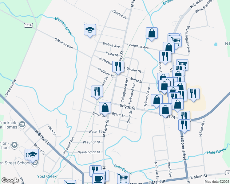 map of restaurants, bars, coffee shops, grocery stores, and more near 306 North Perry Street in Johnstown