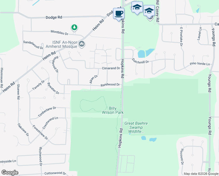 map of restaurants, bars, coffee shops, grocery stores, and more near 150 Cimarand Drive in Buffalo