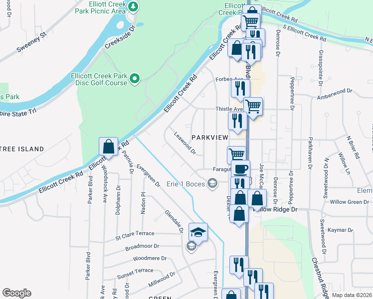map of restaurants, bars, coffee shops, grocery stores, and more near 343 Forbes Avenue in Tonawanda