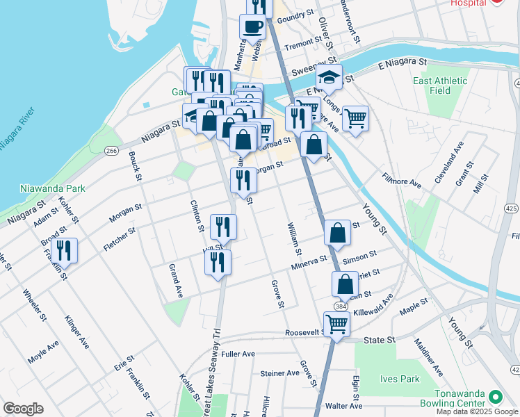 map of restaurants, bars, coffee shops, grocery stores, and more near 75 Grove Street in Tonawanda