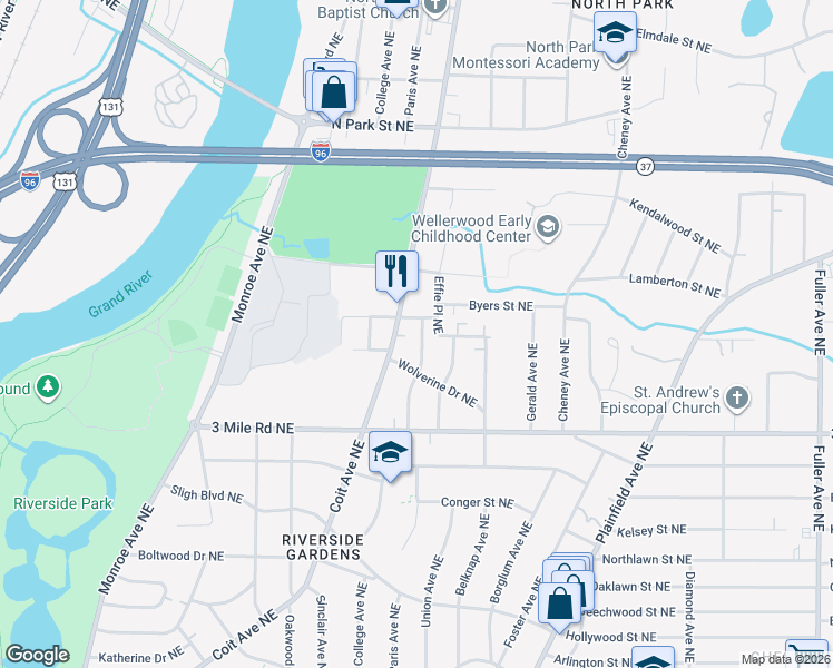 map of restaurants, bars, coffee shops, grocery stores, and more near 2900 Coit Avenue Northeast in Grand Rapids