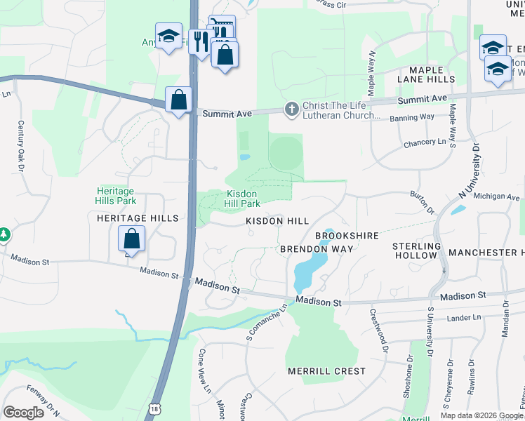 map of restaurants, bars, coffee shops, grocery stores, and more near 3015 Kisdon Hill Drive in Waukesha