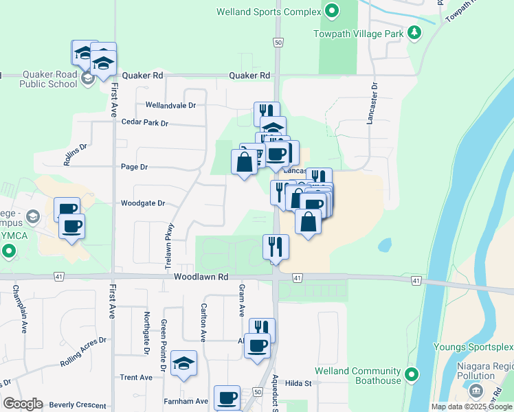 map of restaurants, bars, coffee shops, grocery stores, and more near in Welland