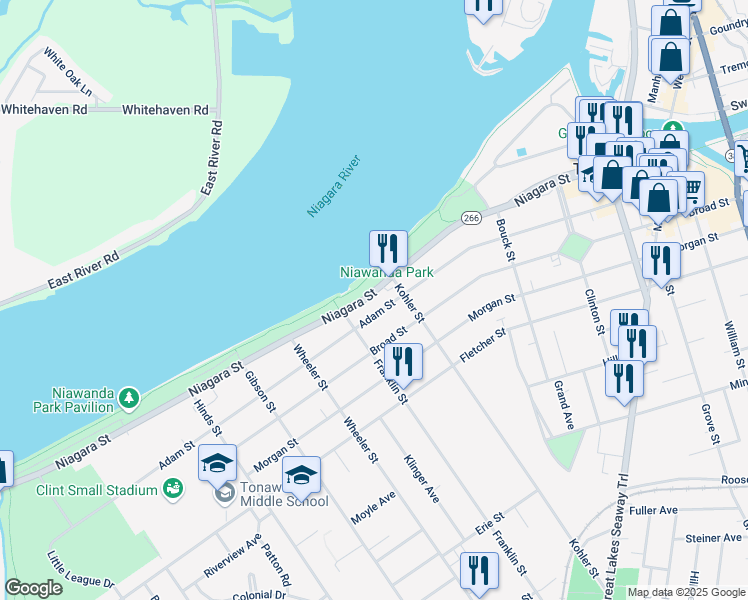 map of restaurants, bars, coffee shops, grocery stores, and more near 339 Adam Street in Tonawanda