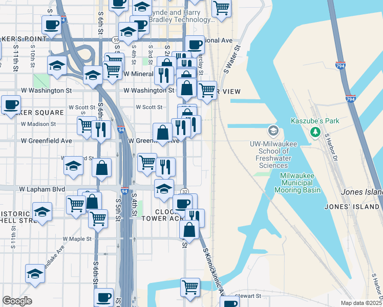 map of restaurants, bars, coffee shops, grocery stores, and more near 129 East Orchard Street in Milwaukee