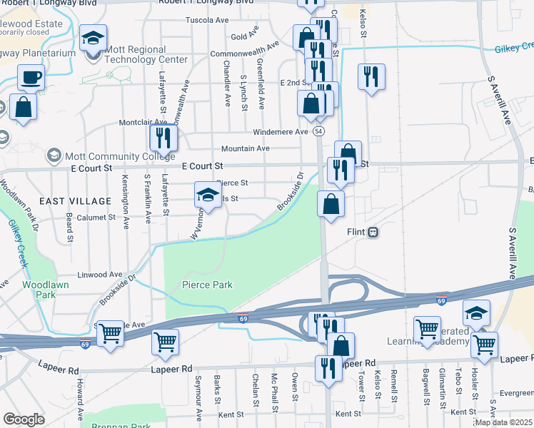map of restaurants, bars, coffee shops, grocery stores, and more near 2507 Brookside Drive in Flint