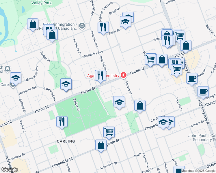map of restaurants, bars, coffee shops, grocery stores, and more near 955 Huron Street in London