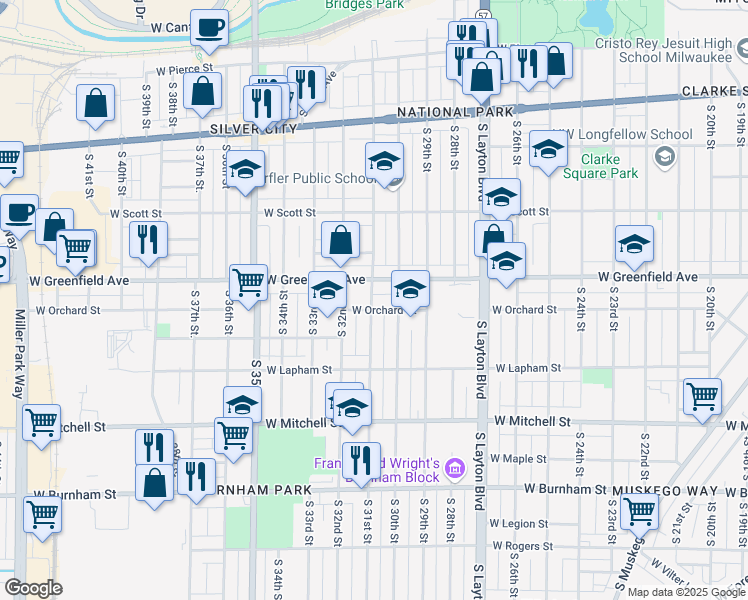 map of restaurants, bars, coffee shops, grocery stores, and more near 1426 South 31st Street in Milwaukee