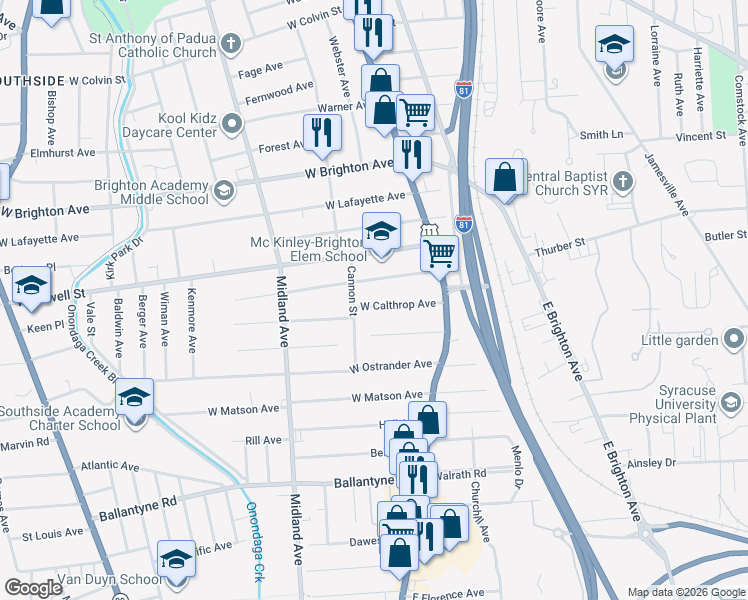 map of restaurants, bars, coffee shops, grocery stores, and more near 133 West Pleasant Avenue in Syracuse