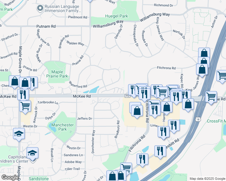 map of restaurants, bars, coffee shops, grocery stores, and more near 3050 Dorchester Way in Madison