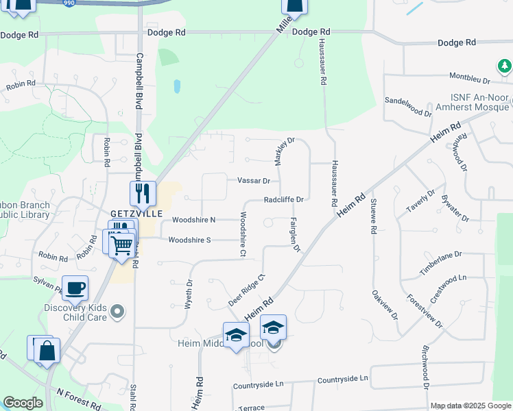 map of restaurants, bars, coffee shops, grocery stores, and more near 33 Vassar Drive in Getzville