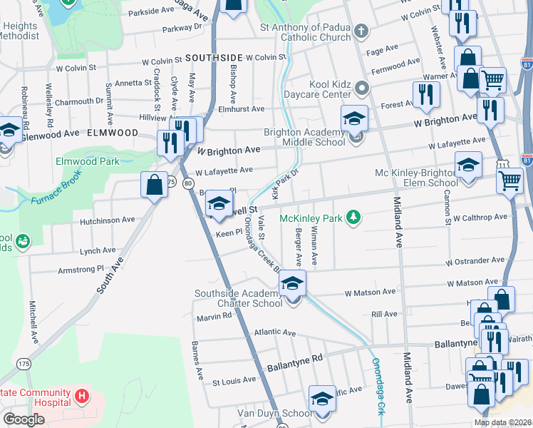 map of restaurants, bars, coffee shops, grocery stores, and more near 630 West Newell Street in Syracuse