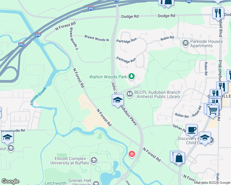 map of restaurants, bars, coffee shops, grocery stores, and more near 491 John James Audubon Parkway in Buffalo