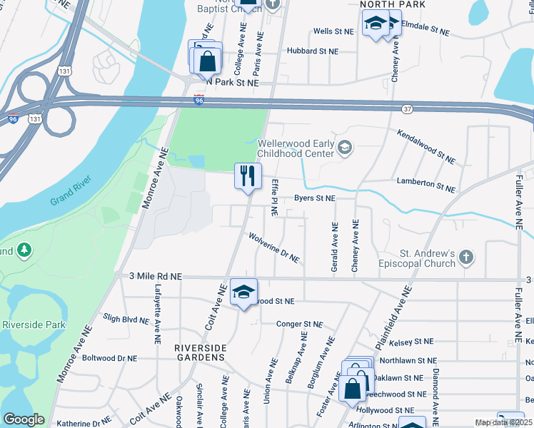 map of restaurants, bars, coffee shops, grocery stores, and more near 617 Wright Street Northeast in Grand Rapids