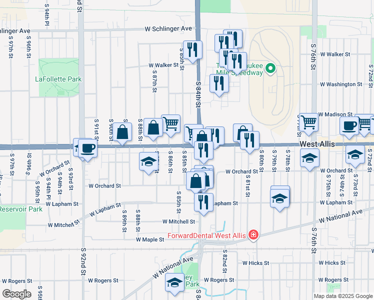 map of restaurants, bars, coffee shops, grocery stores, and more near 1360 South 85th Street in West Allis